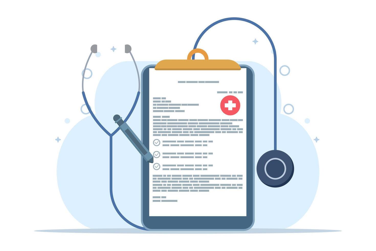 Health checkup concept, clipboard with stethoscope, health checkup form report, medical record, health checkup metaphor concept. simple and modern style. flat illustration on background. vector