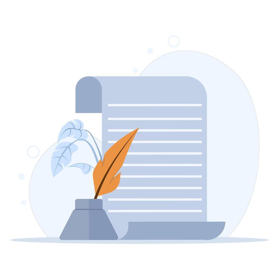 Quill Writing Concept On Object Icon. Isolated Premium Paper Education. a quill pen in an educational scene with writing. Writer sign, theater icon. Icon elements. flat illustration. vector