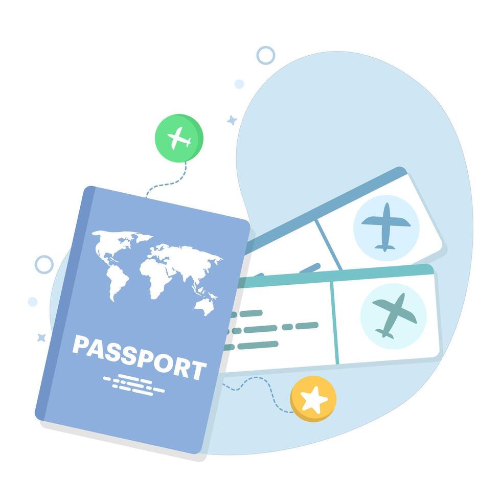 Passport and airplane ticket concept, Boarding pass ticket icon. travel concept. Summer travel banner, passport and boarding pass in the background. online ordering. Flat illustration. vector