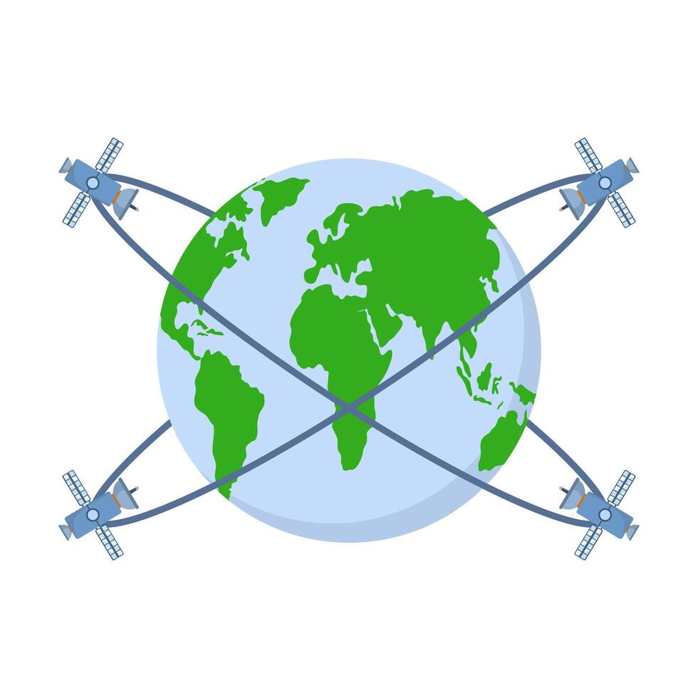 Satellite Concept in Space. space objects, satellites circling the earth, asteroid technology. natural science, space science, communication satellite abstract metaphor. Science Technology Icon. vector