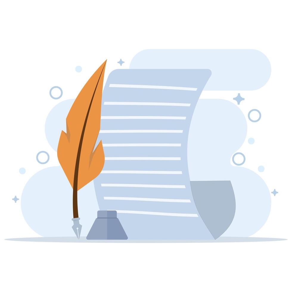 Quill Writing Concept On Object Icon. Isolated Premium Paper Education. a quill pen in an educational scene with writing. Writer sign, theater icon. Icon elements. flat illustration. vector