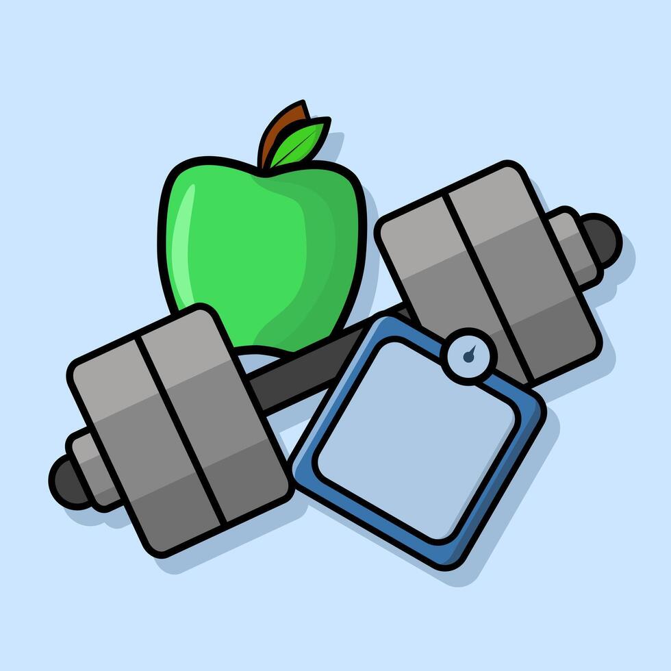 Healthy Sport Concept, Dumbbell, Apple and Bottle Cartoon Icon Illustration. sports exercises, training equipment, time for fitness exercise and healthy lifestyle, flat illustration. vector