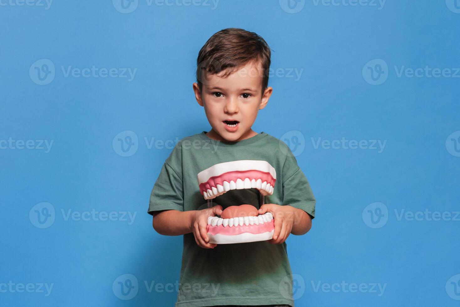 A smiling boy with healthy teeth holds a large jaw in his hands on a blue isolated background. Oral hygiene. Pediatric dentistry. Prosthetics. Rules for brushing teeth. A place for your text. photo