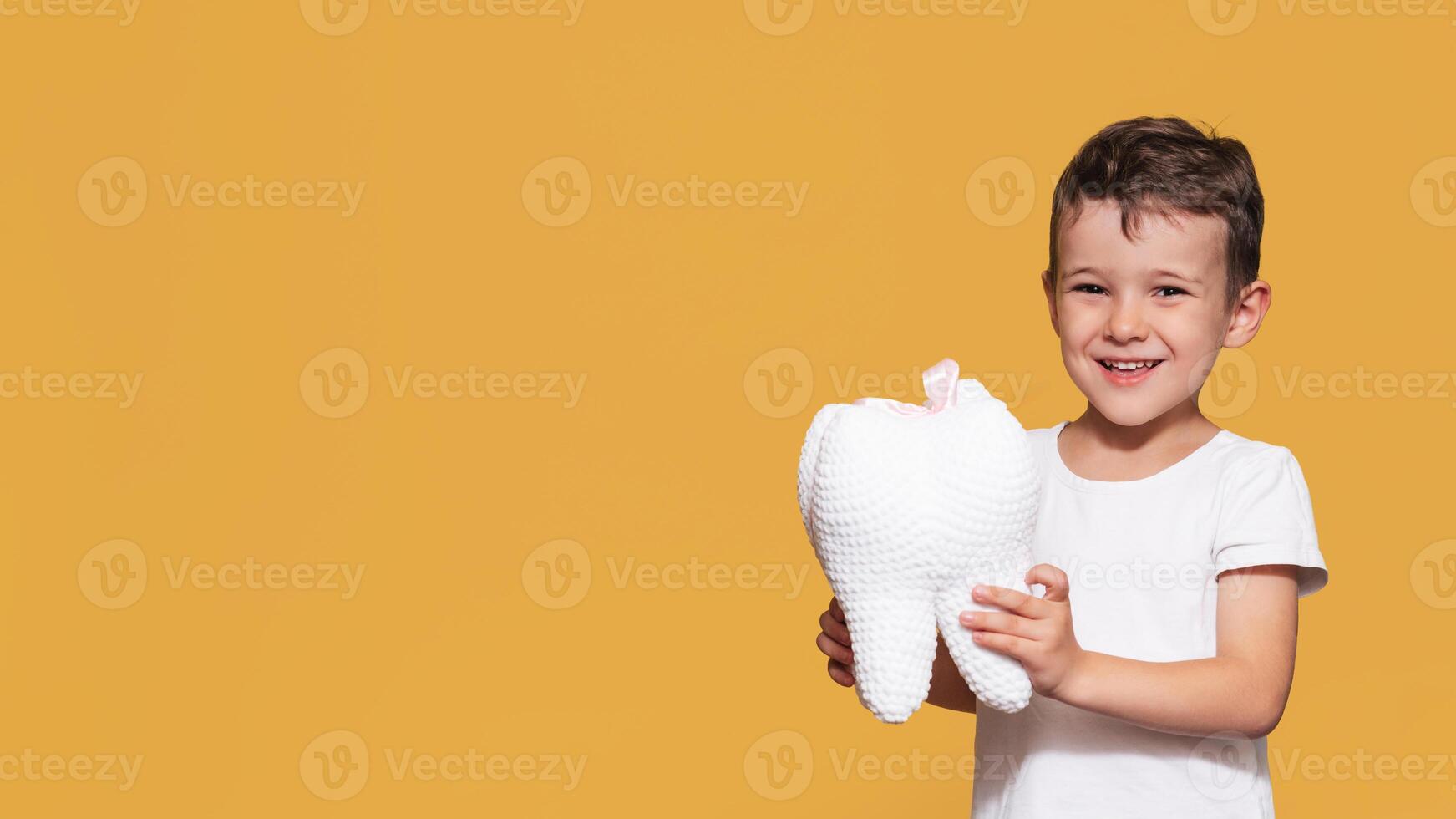 A smiling boy with healthy teeth holds a plush tooth in his hands on isolated background. Oral hygiene. Pediatric dentistry. Prevention of caries. A place for your text. photo