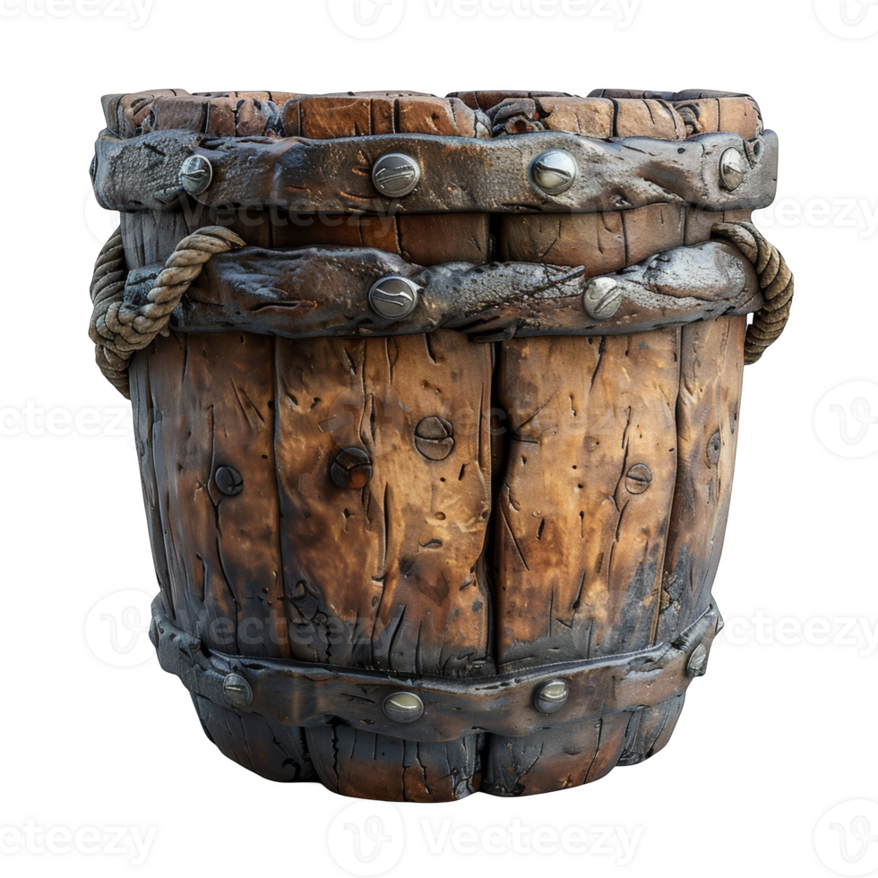 Old wooden bucket on transparent background png