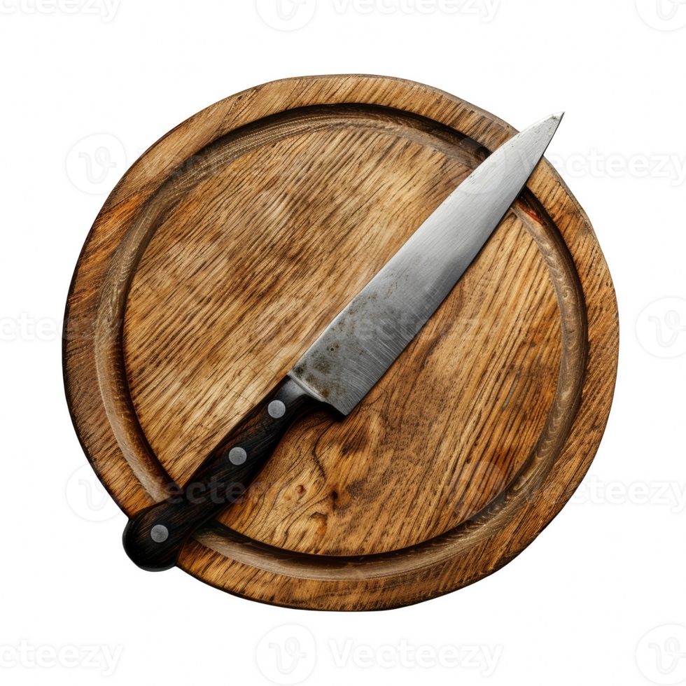Wooden plate with Knife top view on transparent background png