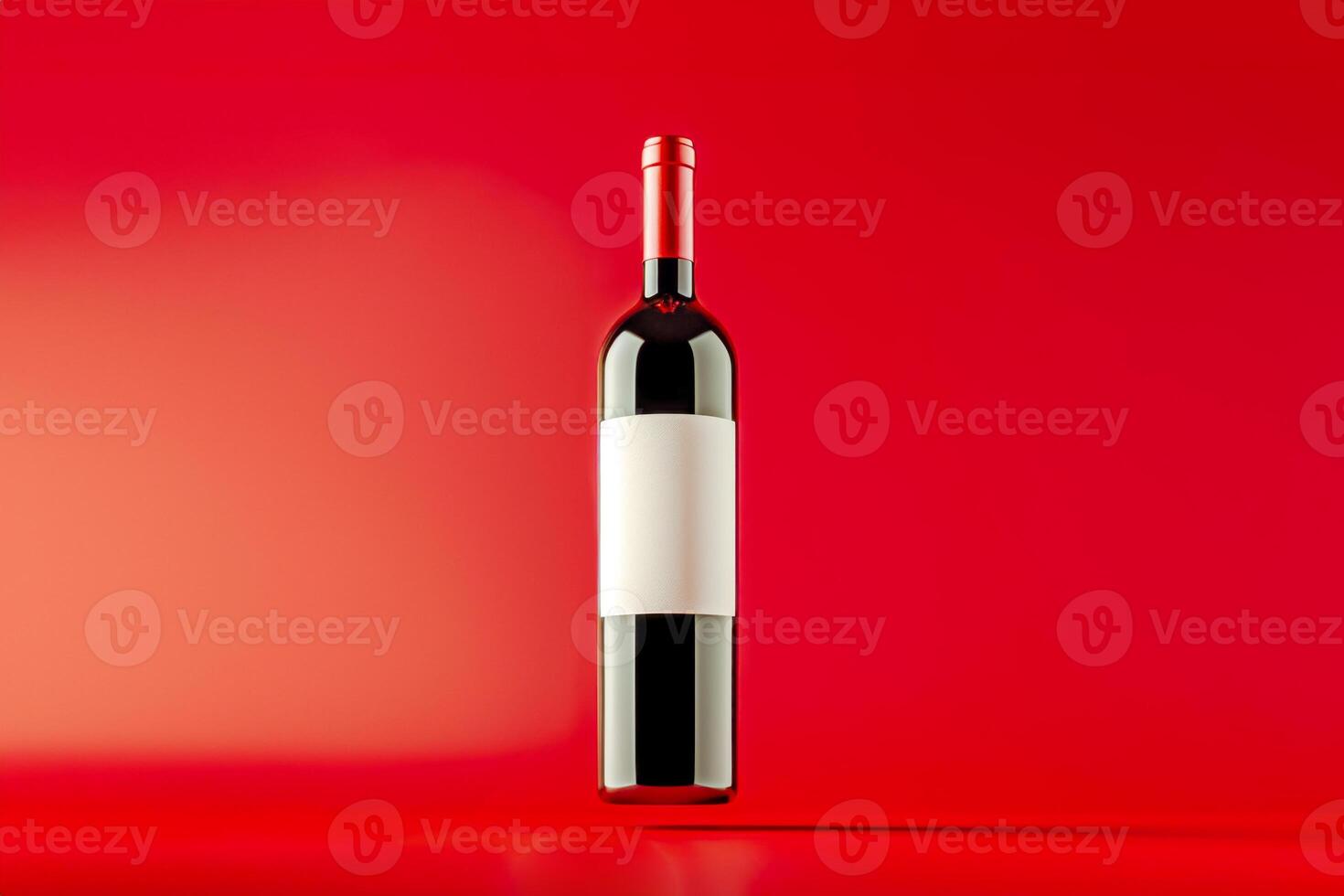 Flying red wine Bottle Mockup with Blank Label. Presentation of glass bottle with natural red wine with empty white label against red background with shadow. Template, branding photo