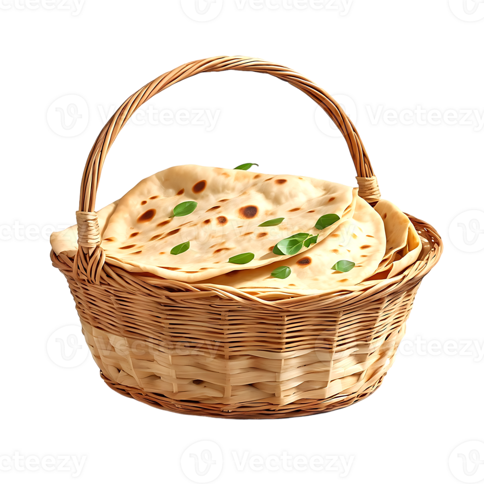 A basket of chapati, or Indian flat bread, isolated on a transparent background png