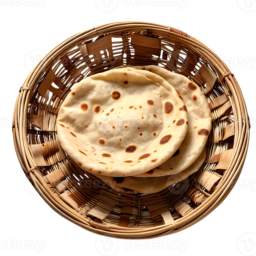 A basket of chapati, or Indian flat bread, isolated on a transparent background png