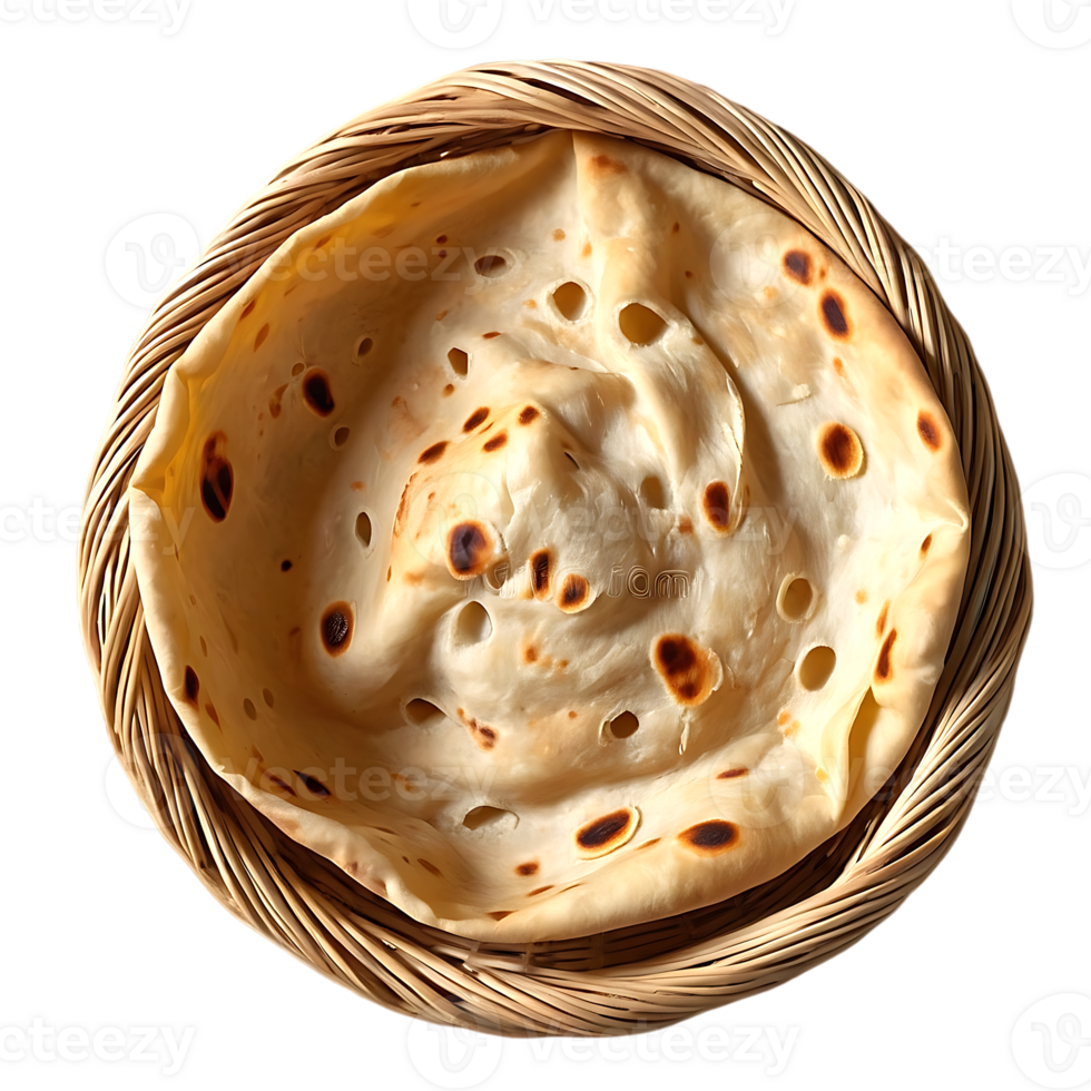 A basket of chapati, or Indian flat bread, isolated on a transparent background png