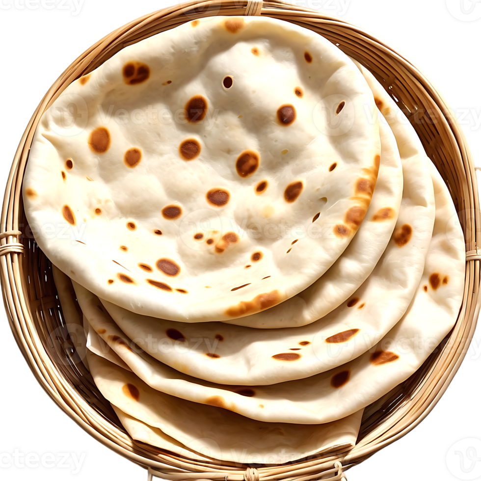 A basket of chapati, or Indian flat bread, isolated on a transparent background png