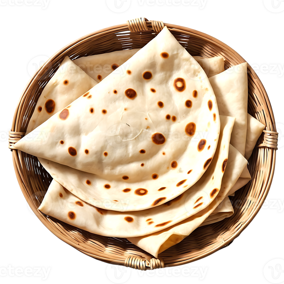 A basket of chapati, or Indian flat bread, isolated on a transparent background png