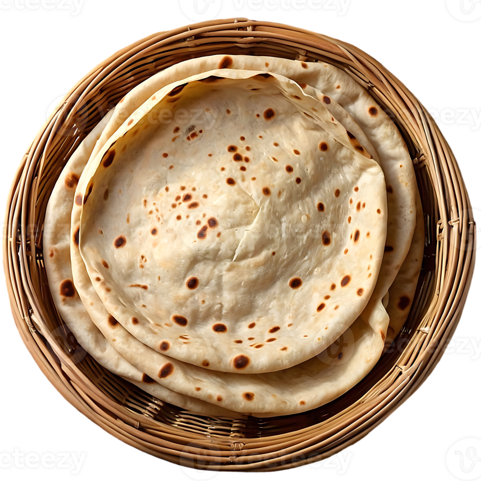 A basket of chapati, or Indian flat bread, isolated on a transparent background png