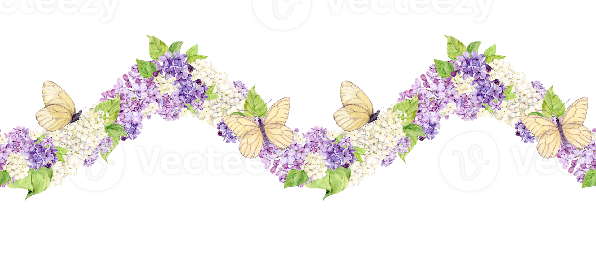 Horizontal seamless border with purple, white and violet lilac. Watercolor spring flowers in botanical style and butterflies. Hand drawn illustration on transparent background. For printing on fabric. png