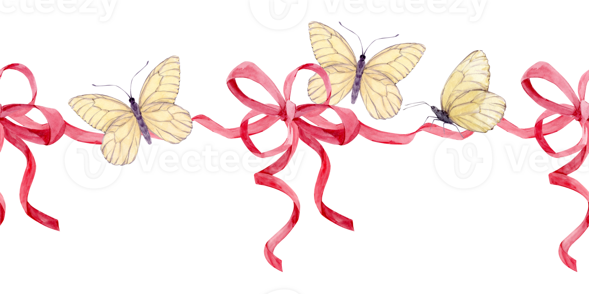 Seamless border of satin bows and white butterflies. Watercolor pattern of pink silk ribbons. Decor for birthdays, weddings, Valentine's day. Decoration in boho style on a transparent background. png