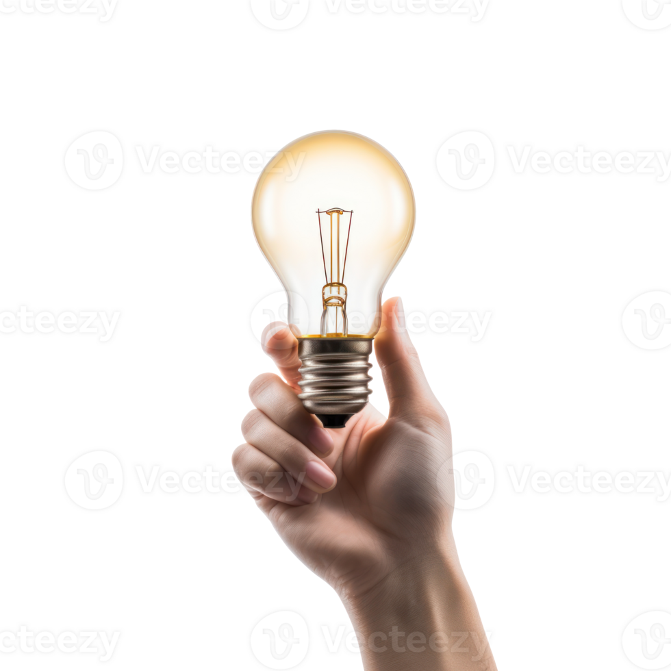 Hand Holding Glowing Vintage Light Bulb. Incandescent Edison Lightbulb on Isolated Background. png
