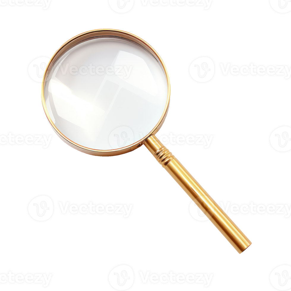 Magnifying Glass with Gold Handle on Isolated Background. Investigation, Reading, Science Concept. png