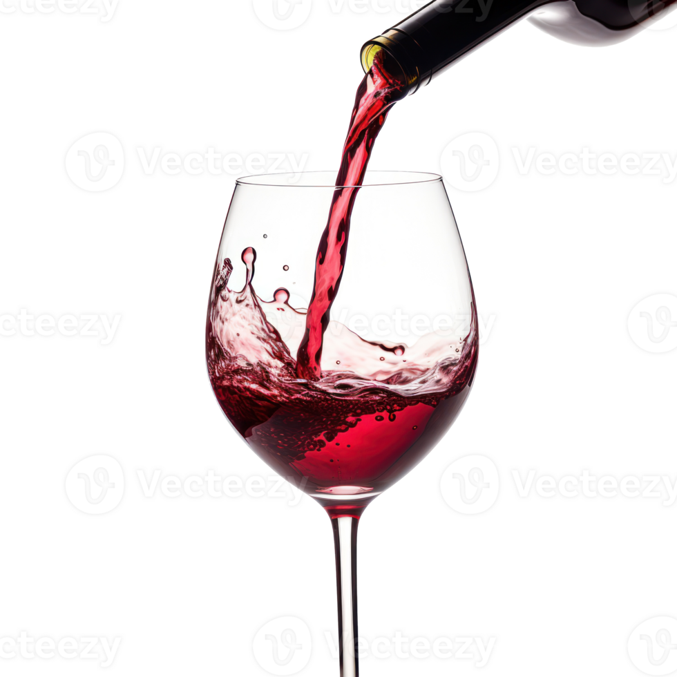 Red Wine Being Poured Into Clear Glass With Splashing Effect On Isolated Background. png