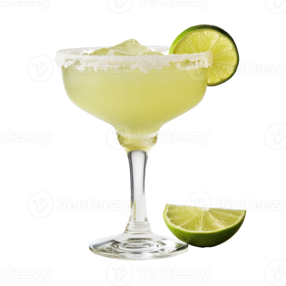 Margarita Drink With Lime And Salted Rim Served In Cocktail Glass On Isolated Background. png