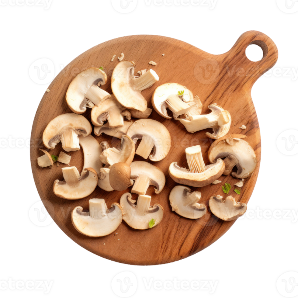 Top View Of Chopped Mushrooms On Round Wooden Board On Isolated Background. png