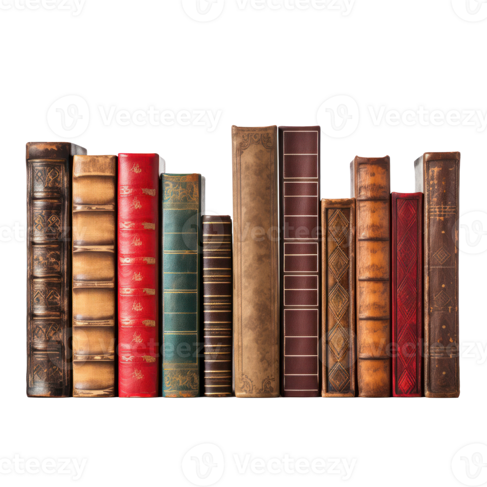 Collection of Vintage Hardcover Books on Isolated Background. Retro, Library, and Reading Concept. png