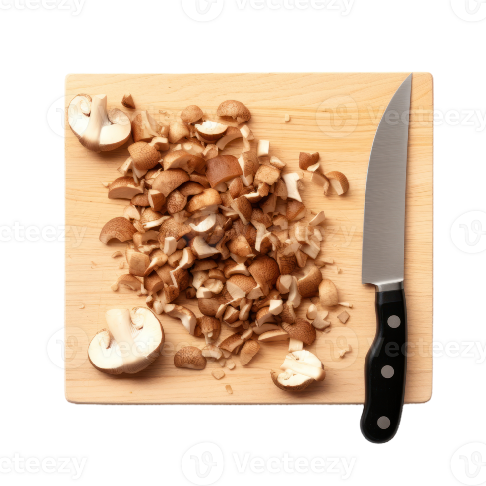 Chopped Mushrooms And Knife On Round Wooden Cutting Board On Isolated Background. png