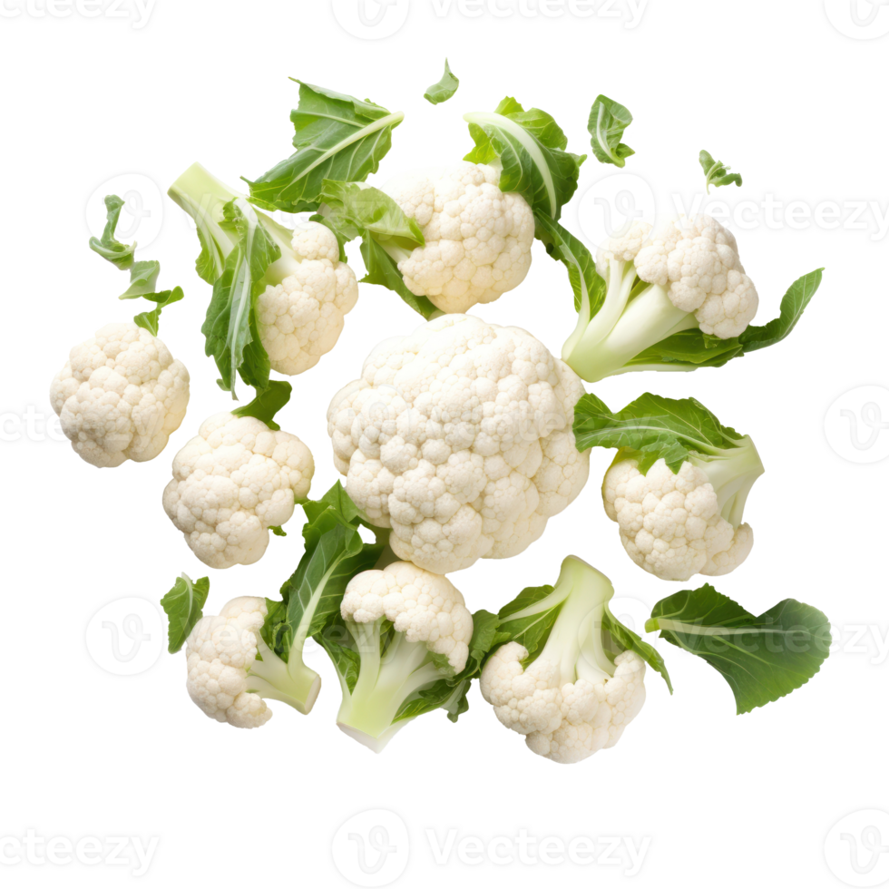 Organic Cauliflower Heads and Florets with Leaves on Isolated Background. png