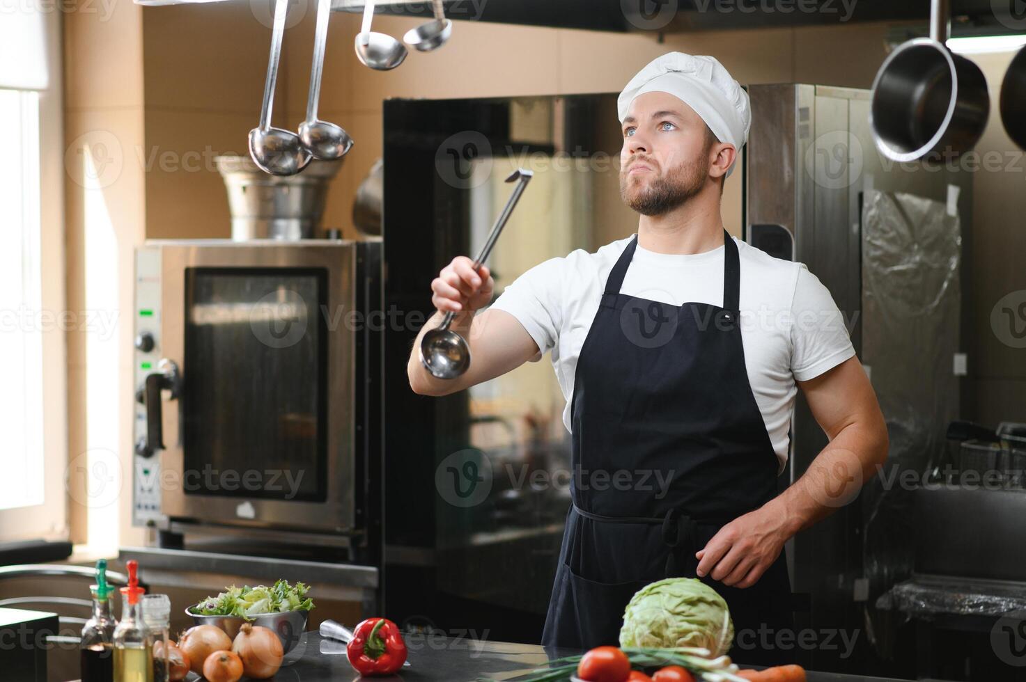 Portrait of a smiling male chef with cooked food standing in the kitchen photo