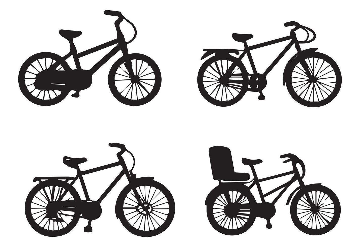 A collection of silhouetted bicycles on an isolated white background in a art image. vector