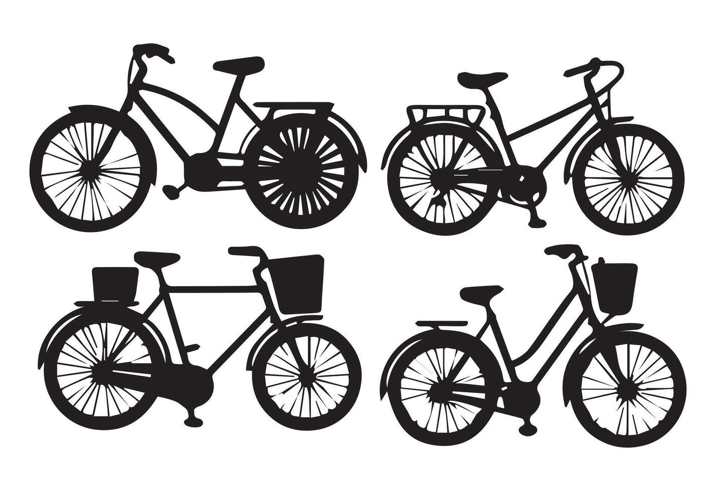 A collection of silhouetted bicycles on an isolated white background in a art image. vector