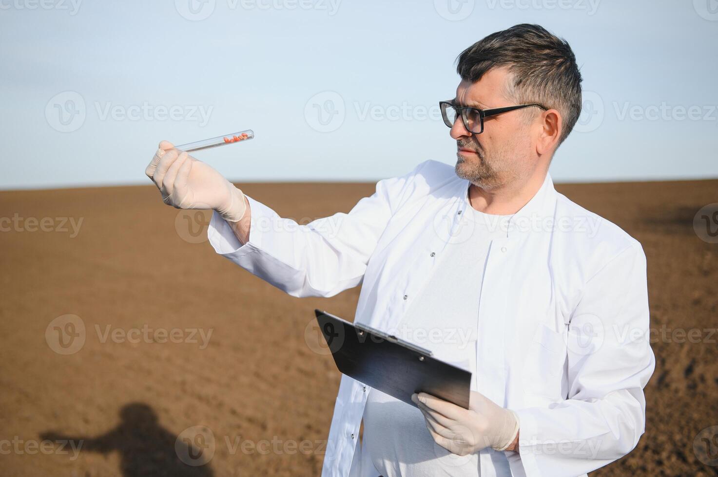 specialist checking quality of soil before planting and other hand holding notebook and pen. concept soil improvement for agriculture photo