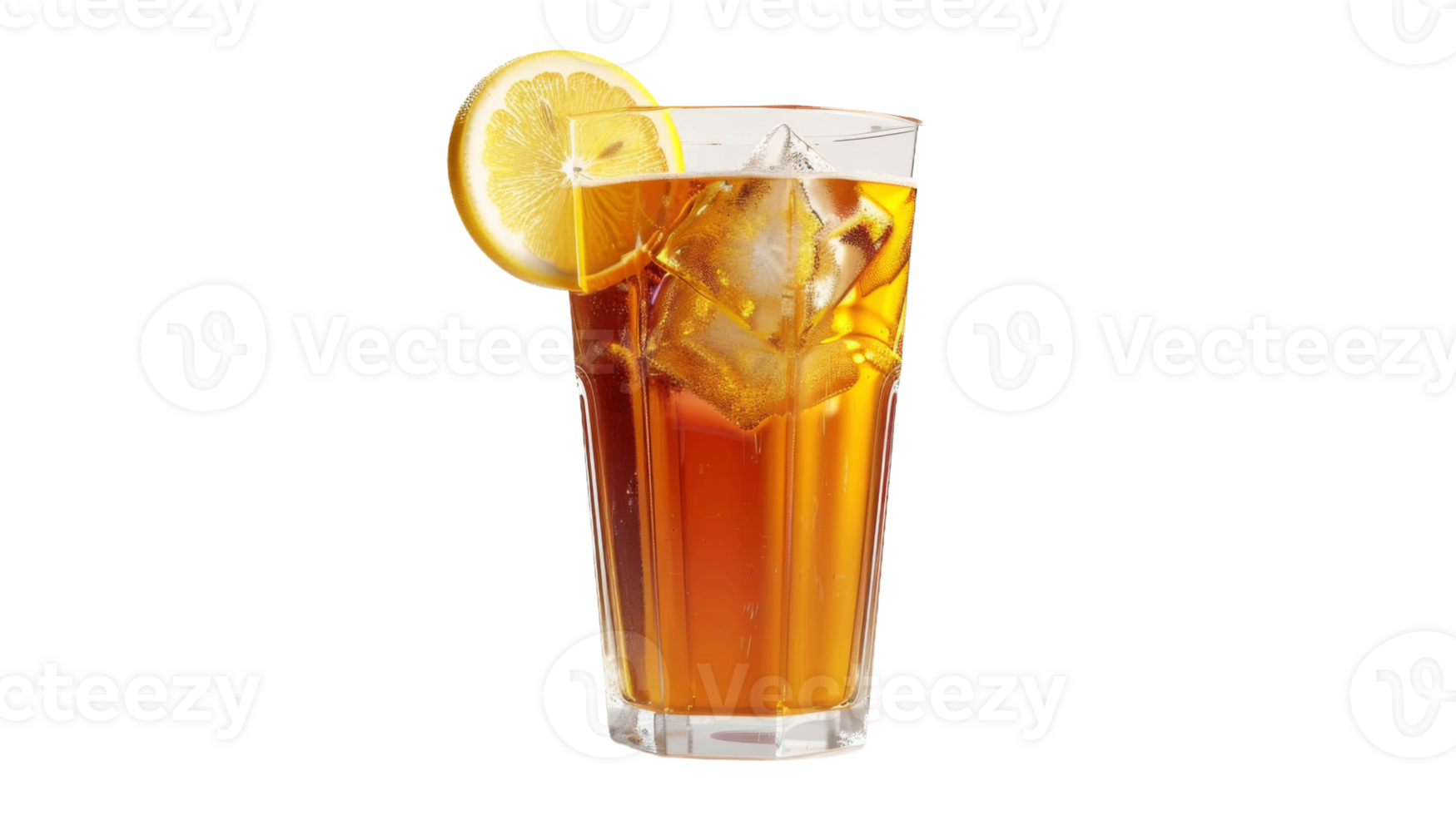 Slender, conical glass filled with lemon iced tea on the transparent background, Format png