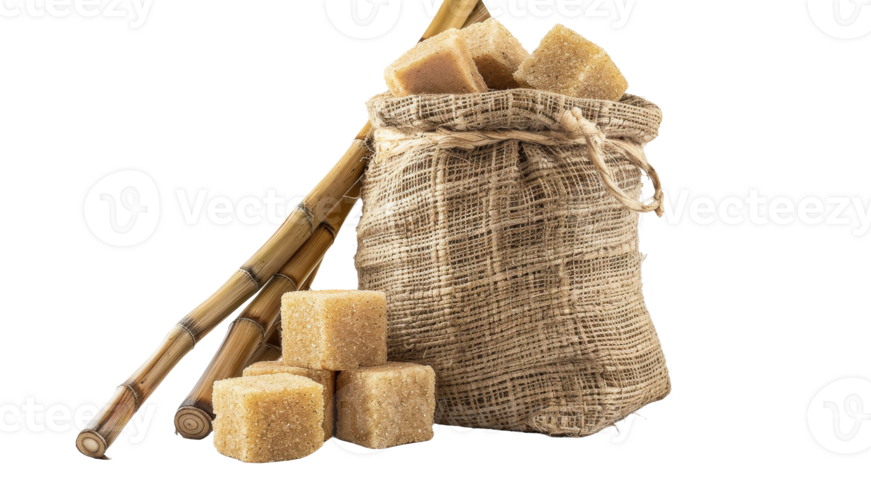 Jute sack containing brown sugar cubes on the transparent background, Format png