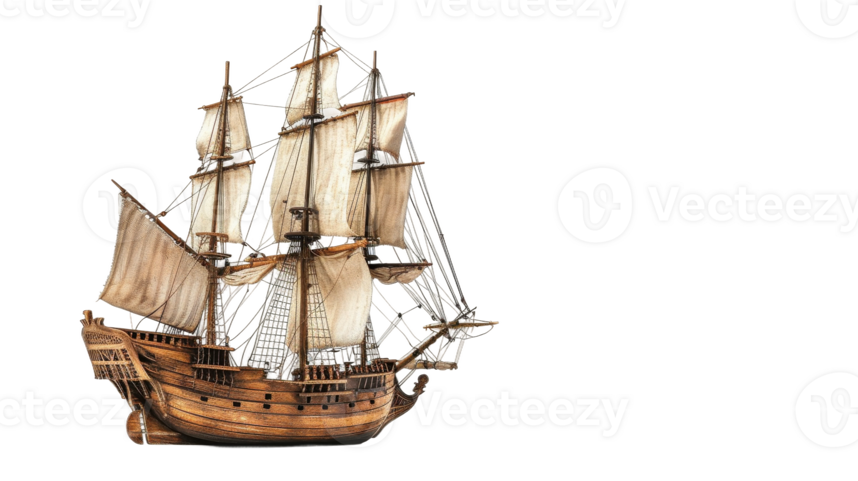 Sailing old pirate ship made with wood on the transparent background, Format png