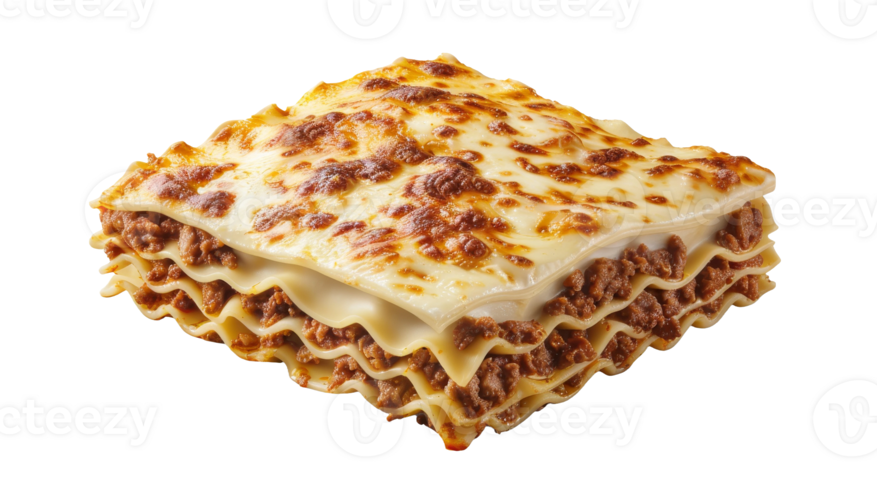 Lasagna layered with beef ragu and bechamel sauce on the transparent background, Format png