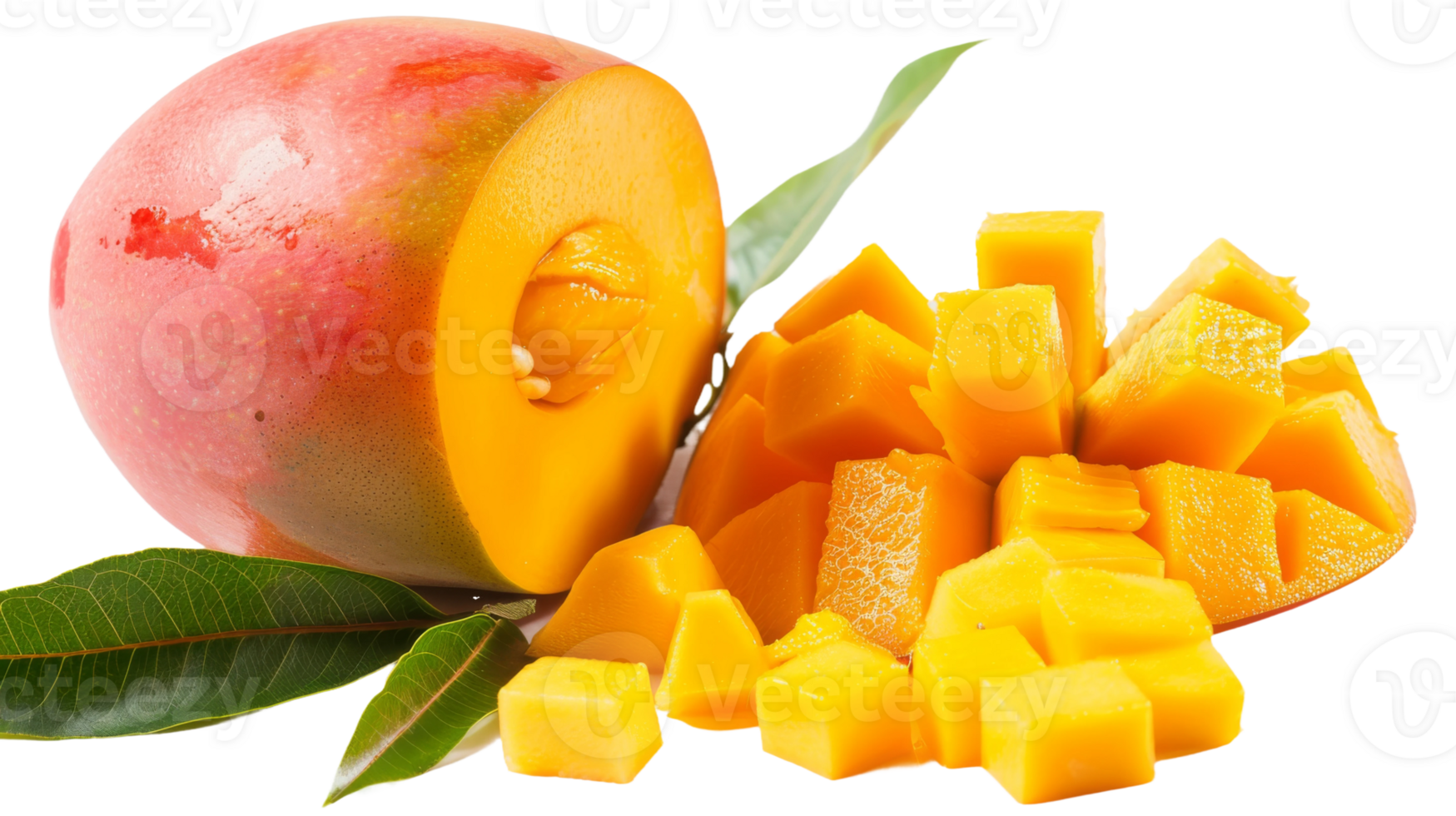 Mango, half of a mango with cubes and leaves on the transparent background, Format png