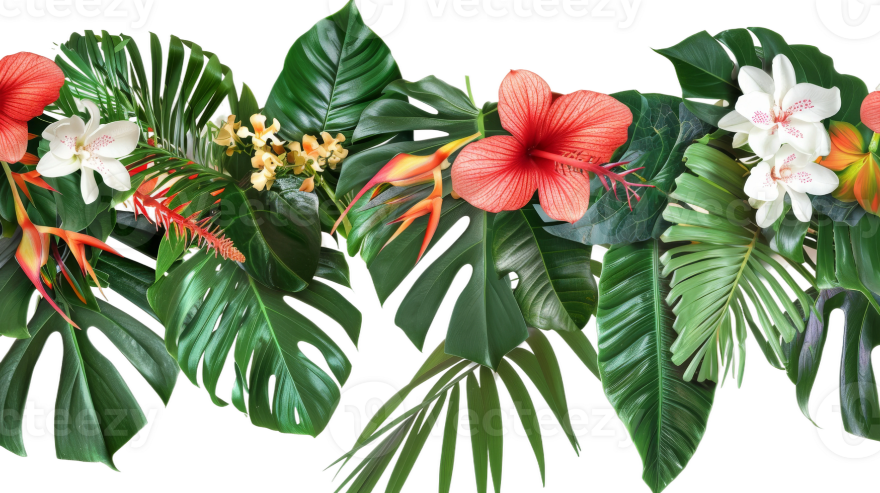 Tropical leaves and flowers arranged in a garland bouquet on the transparent background, Format png