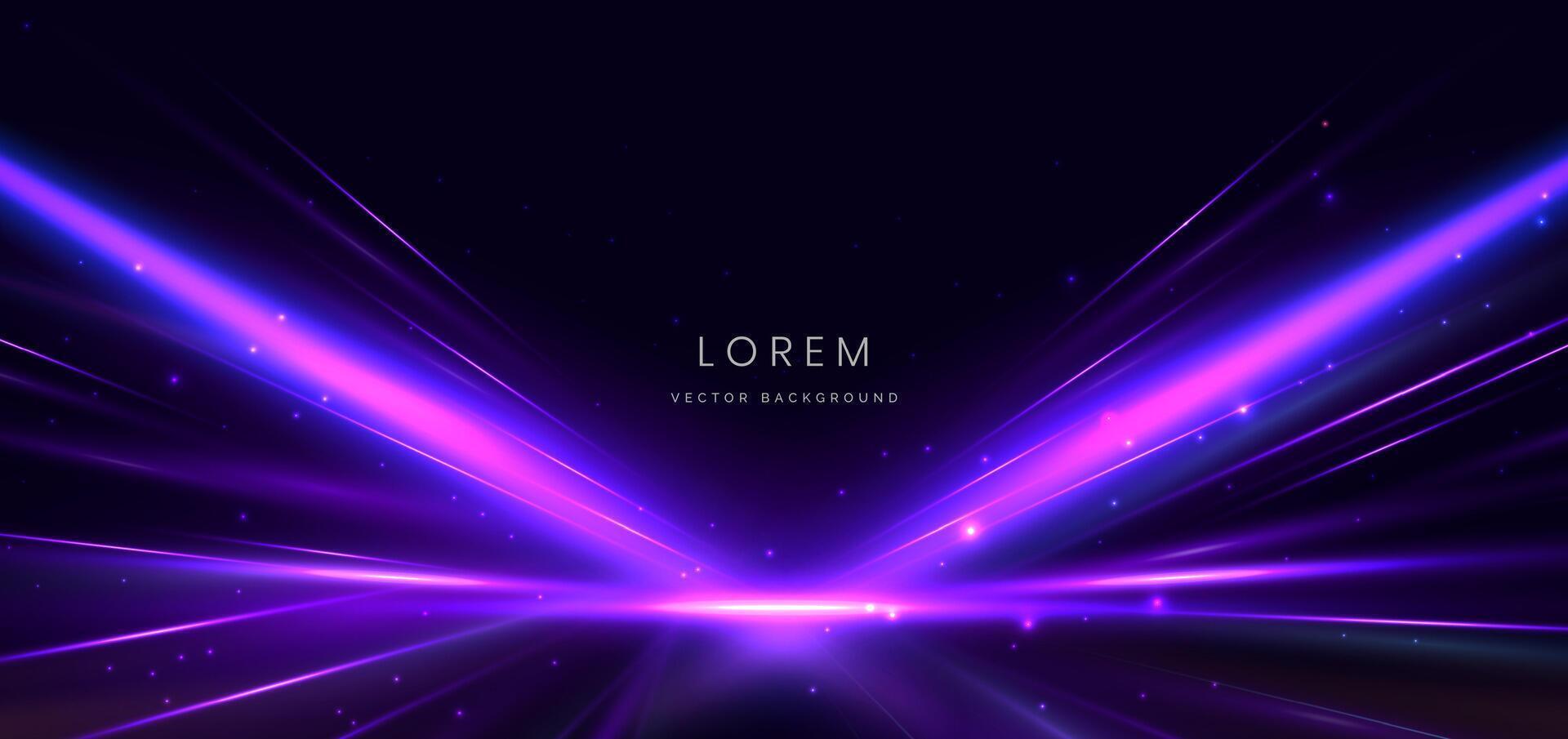 Abstract purple light rays on black background with lighting effect and bokeh. vector