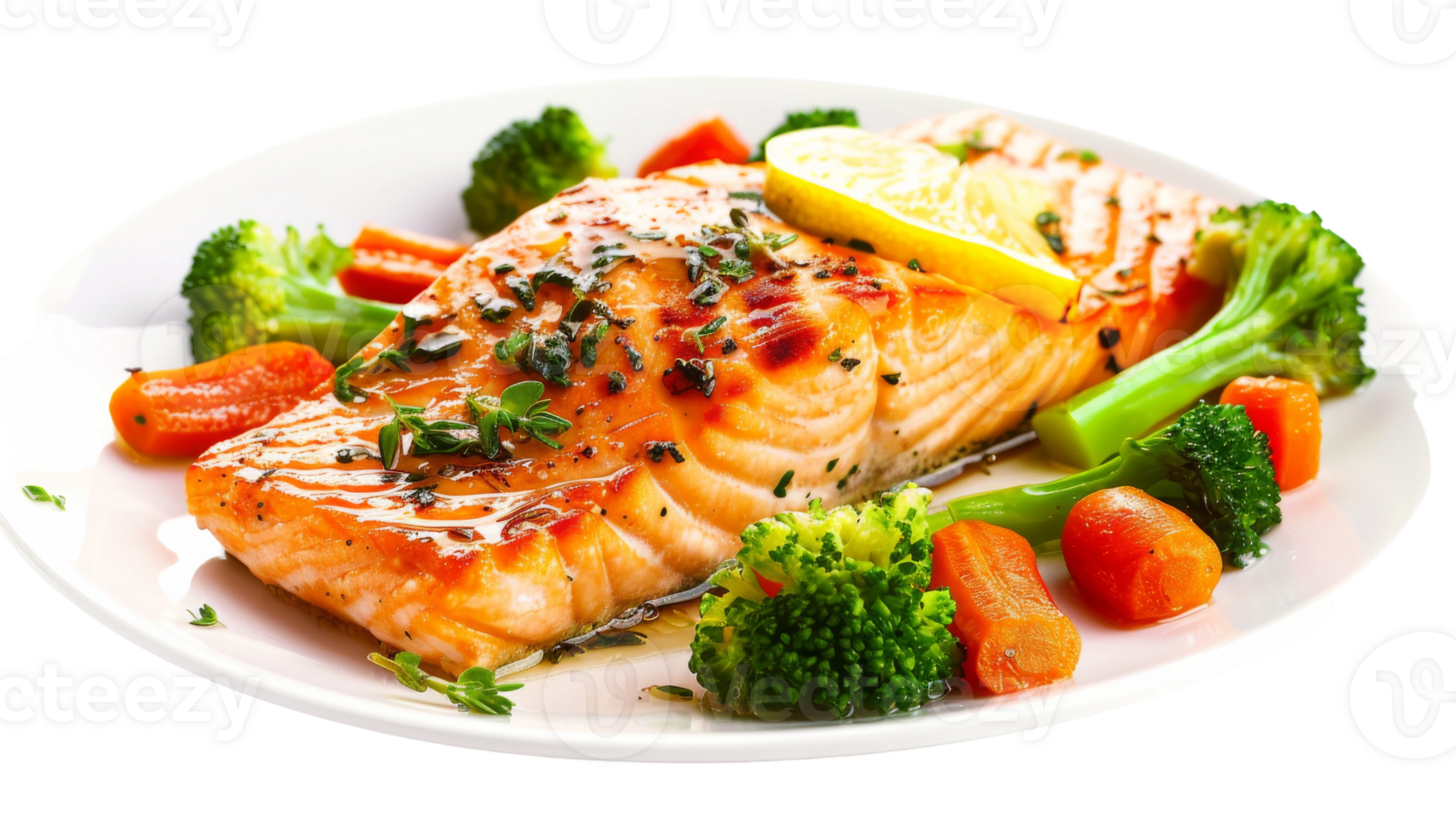 Grilled salmon fillet with a lemon herb dressing and steamed vegetables on the transparent background, Format png