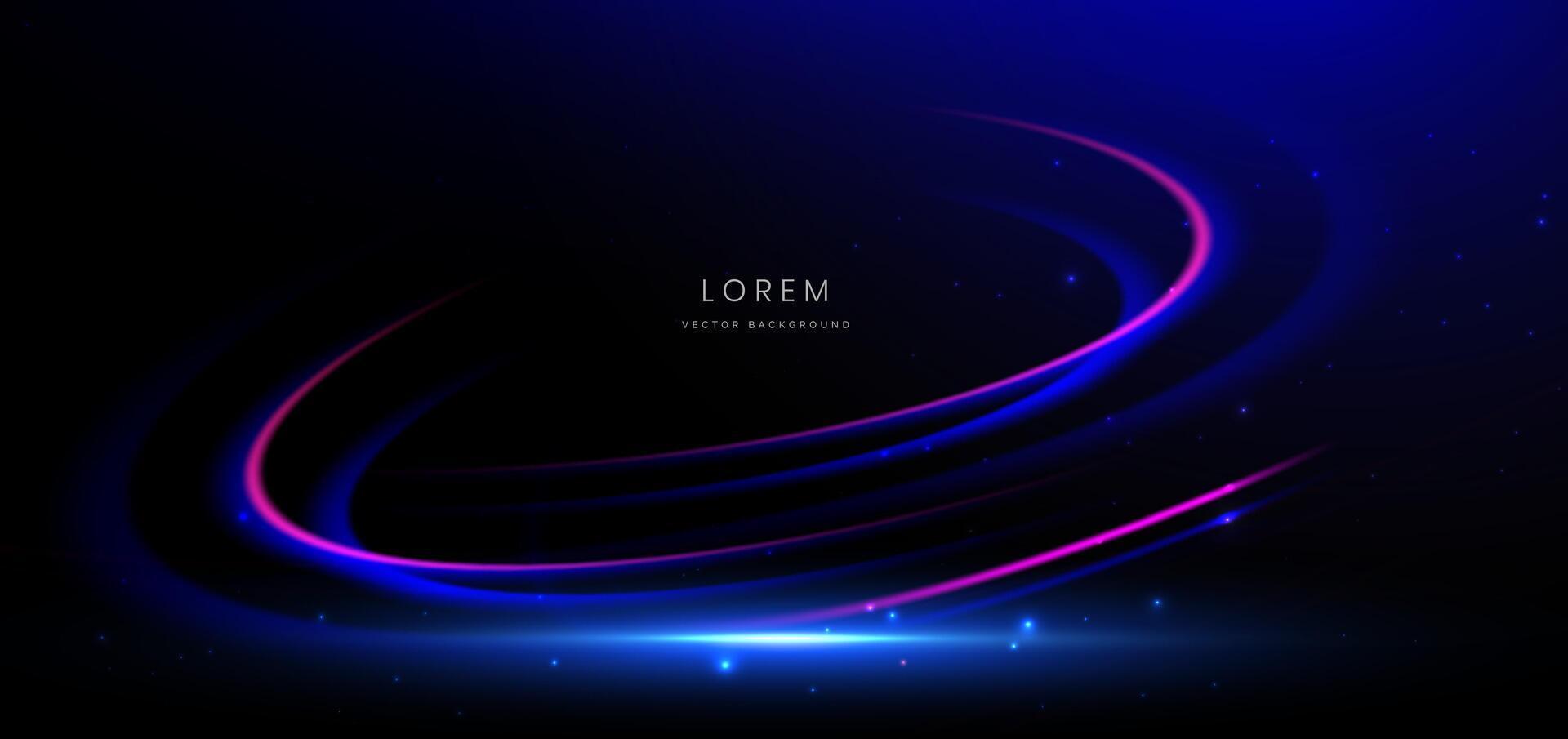 Abstract technology futuristic swirl glowing neon blue and pink light ray on black background with lighting effect. vector