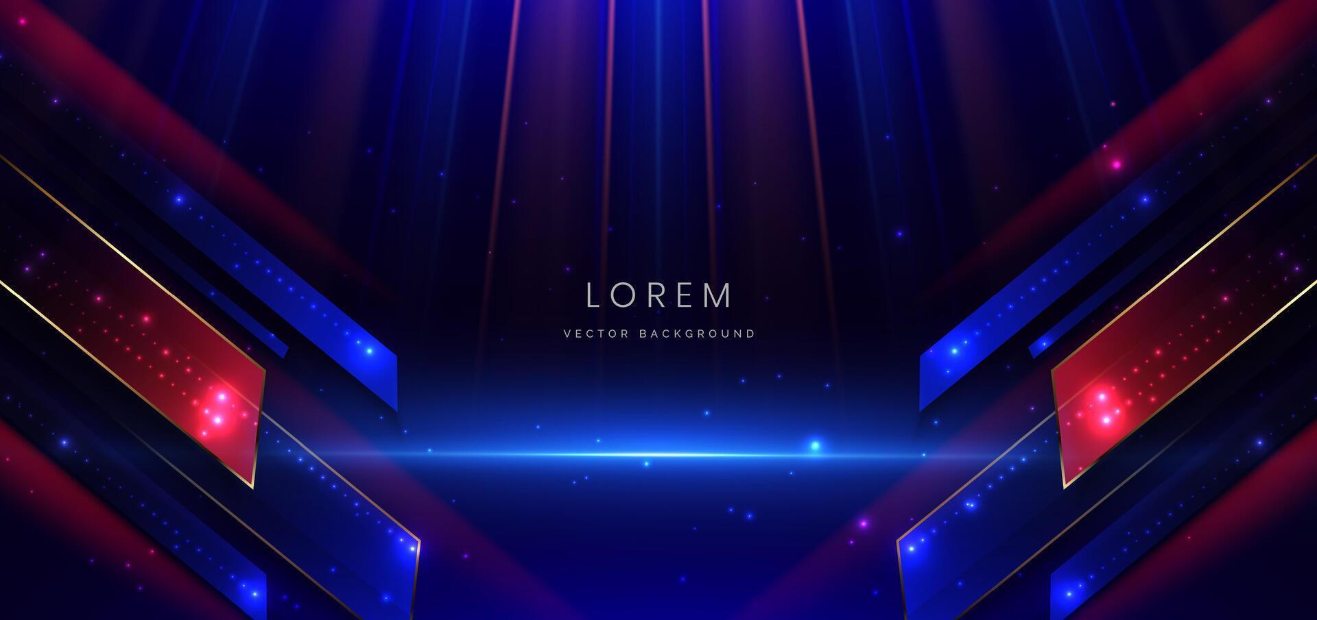 Abstract technology futuristic neon geometric glowing blue and red light lines with speed motion blur effect on dark blue background. vector