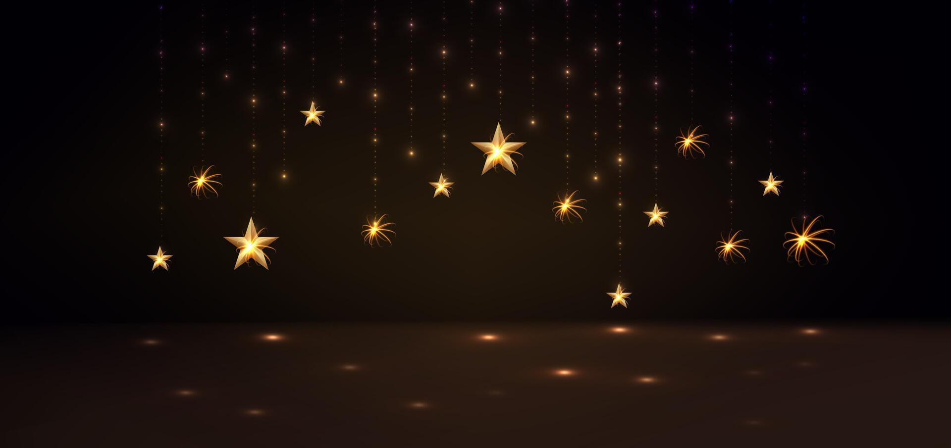 Abstract elegant gold star glowing with lighting effect sparkle on black background. Template premium award design. vector