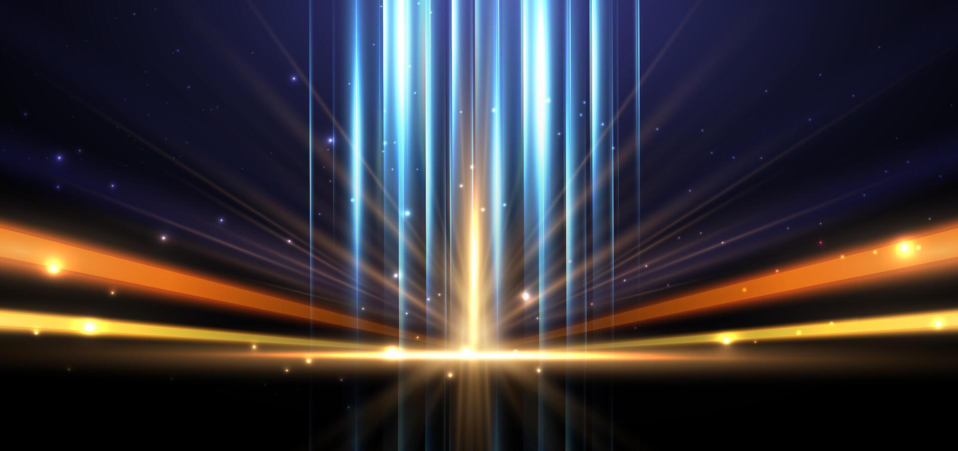 Abstract futuristic glowing blue and gold light ray on dark background. vector