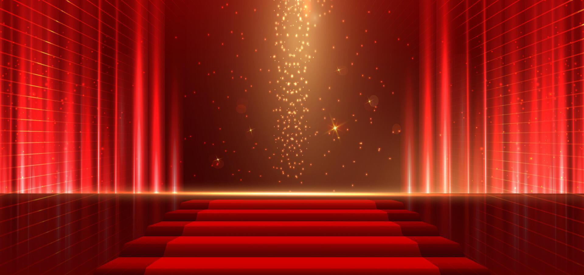 Elegant red stage with gold diagonal glowing lighting effect and sparkle. Template premium award design. vector