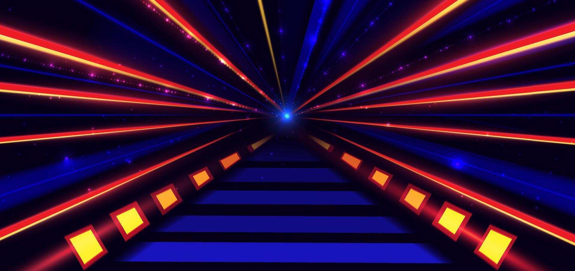 Abstract technology futuristic glowing neon blue and red light ray with speed motion movingon dark blue background. vector