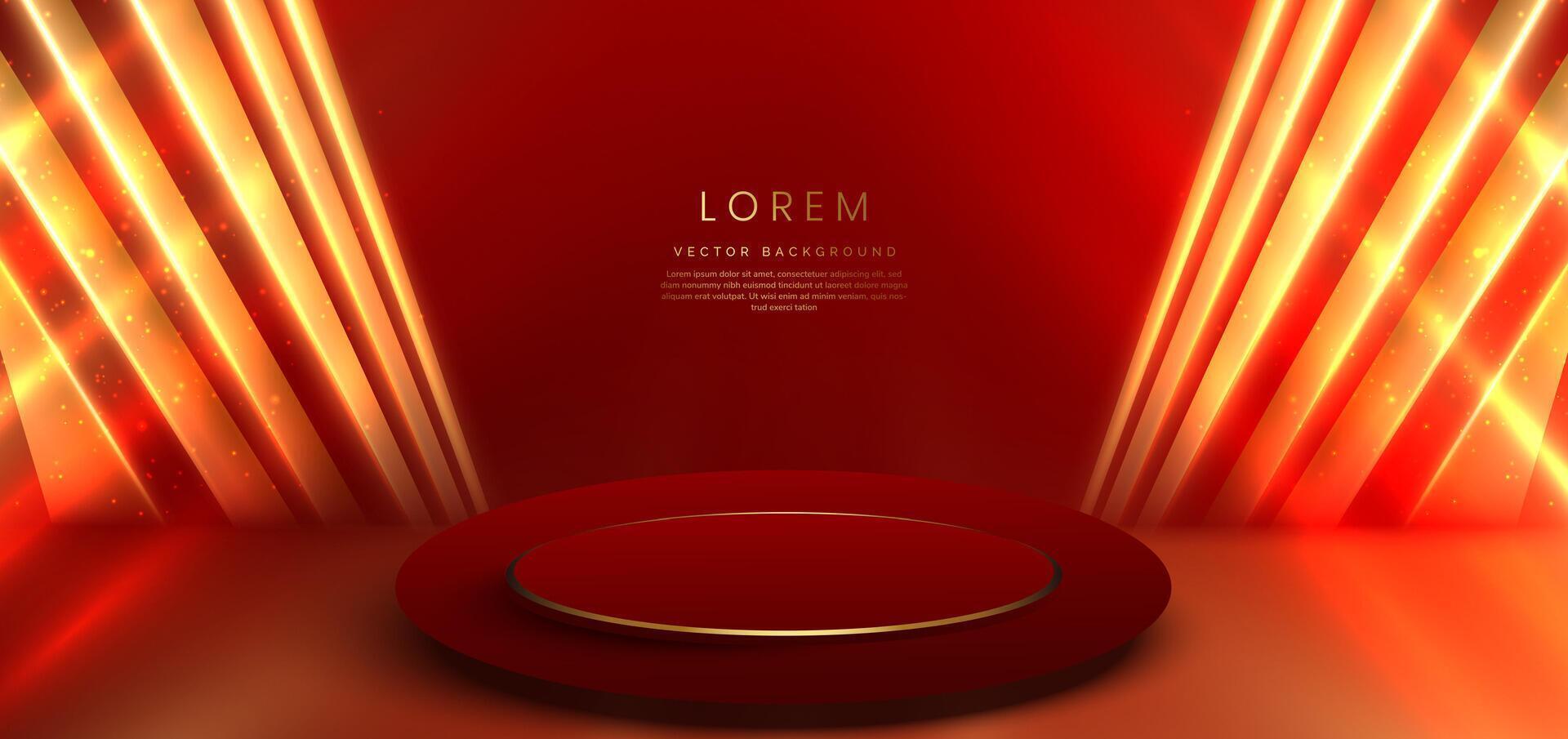 Elegant red stage with gold diagonal glowing lighting effect and sparkle. Template premium award design. vector