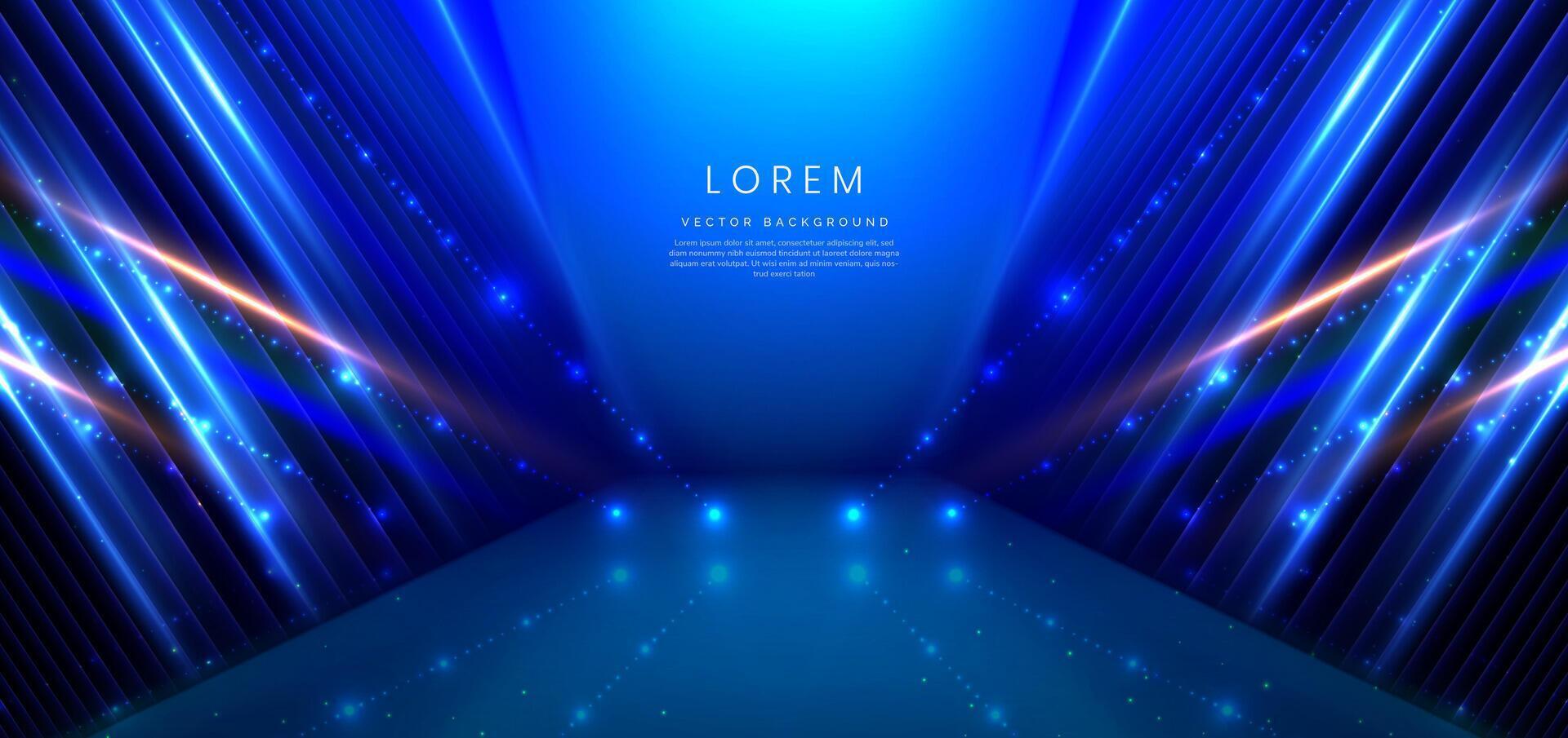 Elegant blue stage background with blue dot neon line and lighting effect sparkle. Luxury template award design. vector
