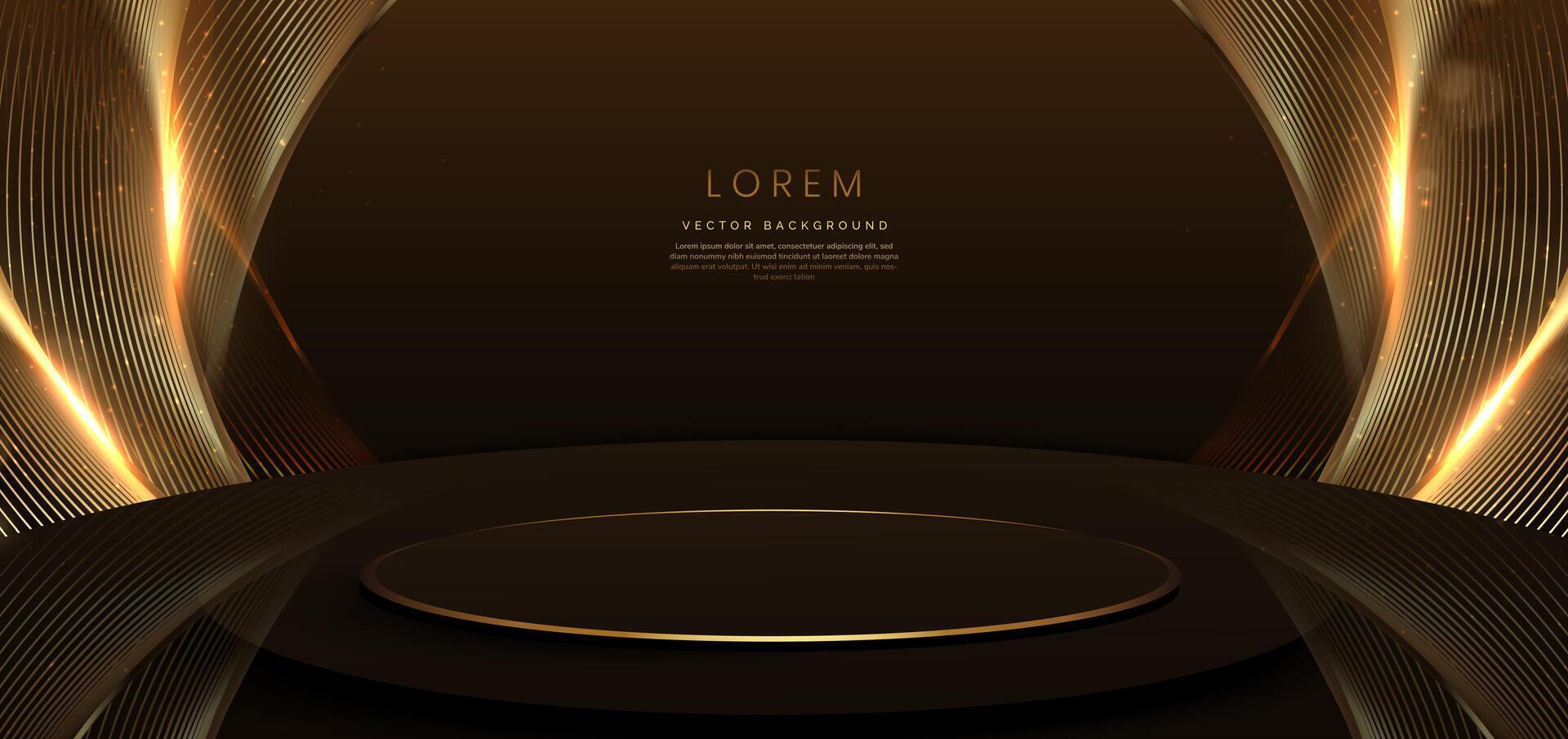 Brown and lines gold scence with circle podium and lighting effect sparkle on dark brown background. Template premium award design. vector