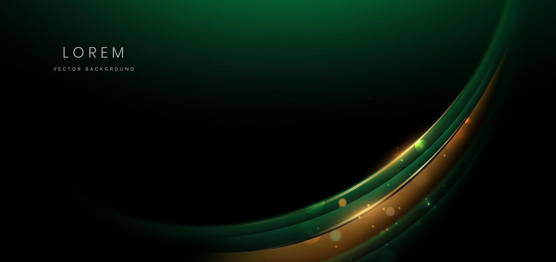 Luxury dark green background with curved glowing green and golden line lighting effect sparkle. Template premium award ceremony design. vector