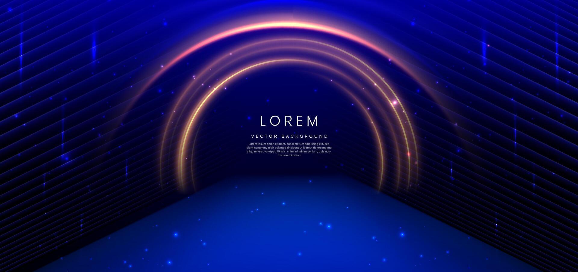 Elegant blue stage background with golden line curved and lighting effect sparkle. Luxury template award design. vector